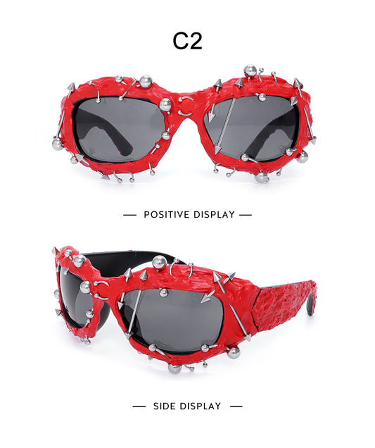 Red Edgy Punk Rock Spiked Sunglasses - Statement Goth Studded Eyewear