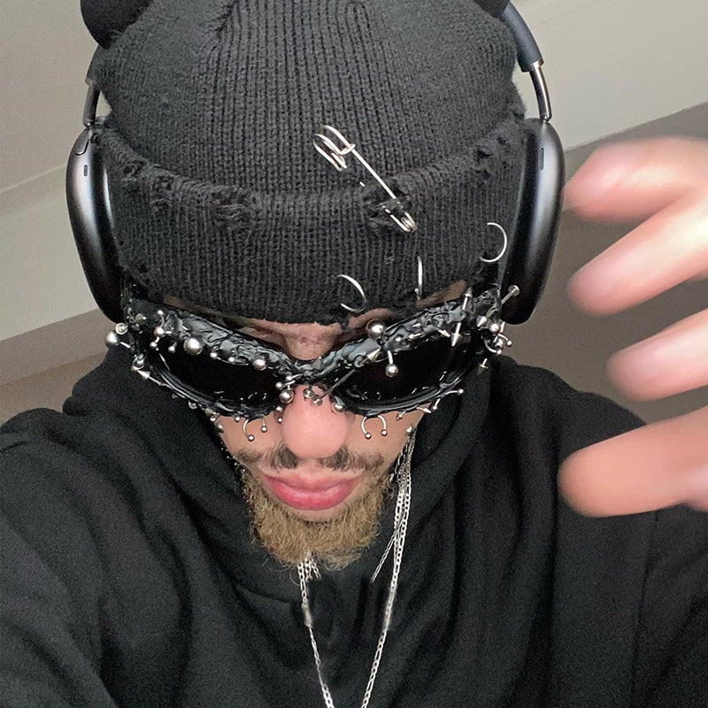 Red Edgy Punk Rock Spiked Sunglasses - Statement Goth Studded Eyewear