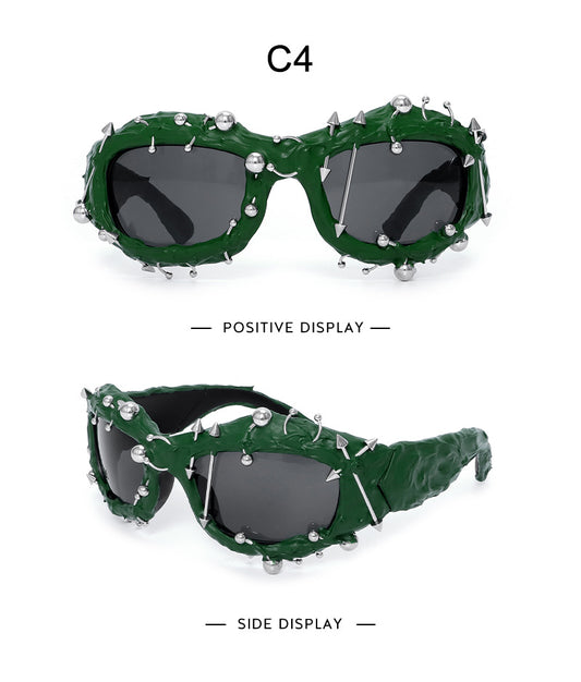 Green Edgy Punk Rock Spiked Sunglasses - Statement Goth Studded Eyewear