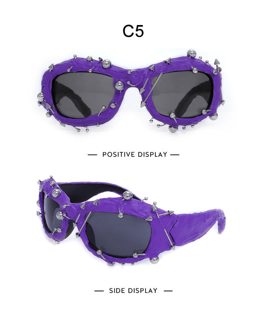 Purple Edgy Punk Rock Spiked Sunglasses - Statement Goth Studded Eyewear