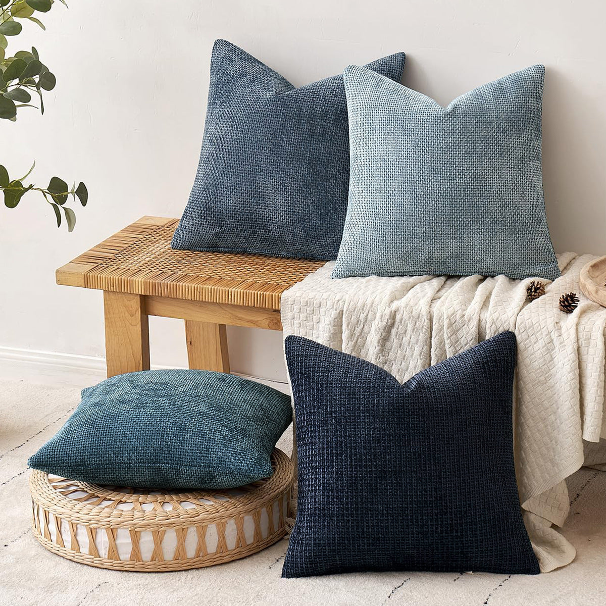Light Green Plush Chenille Cushion Covers Set of 2 - Soft Textured Decorative Throw Pillow Cases for Sofa Couch, 45x45cm
