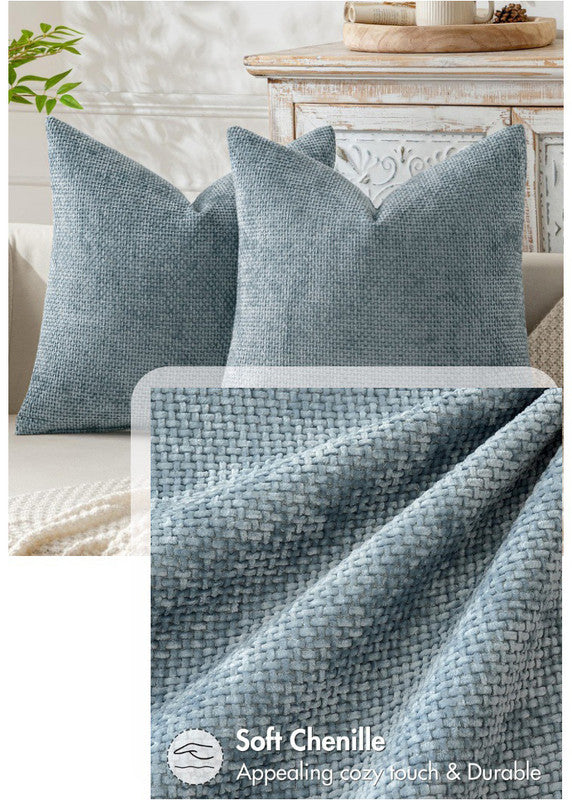 Dark Blue Plush Chenille Cushion Covers Set of 2 - Soft Textured Decorative Throw Pillow Cases for Sofa Couch, 45x45cm