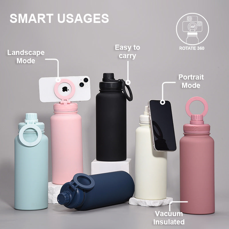 White 1L Stainless Steel Water Bottle with Magnetic Phone Holder Lid - Portable Hydration & Hands-Free Stand