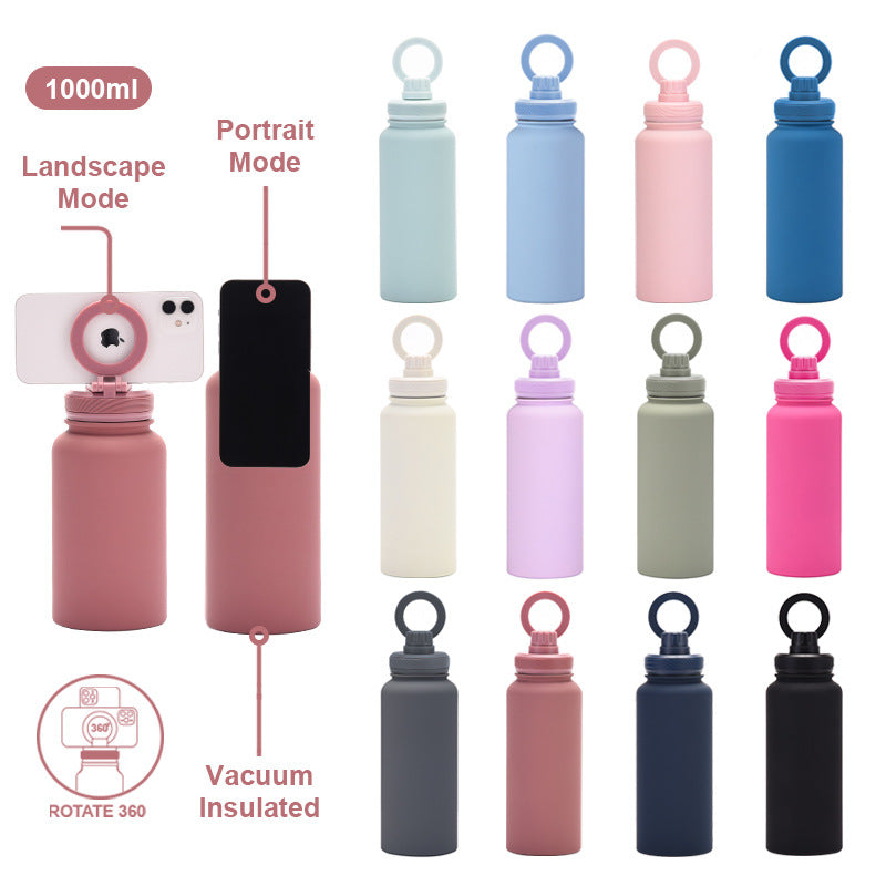 White 1L Stainless Steel Water Bottle with Magnetic Phone Holder Lid - Portable Hydration & Hands-Free Stand