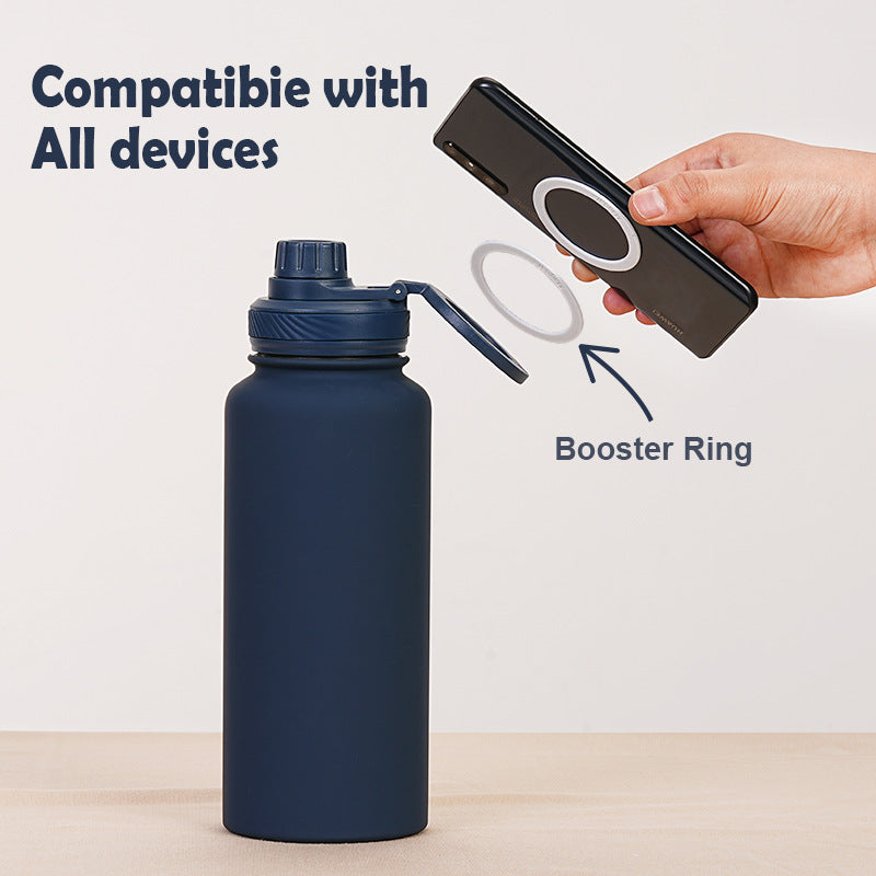White 1L Stainless Steel Water Bottle with Magnetic Phone Holder Lid - Portable Hydration & Hands-Free Stand