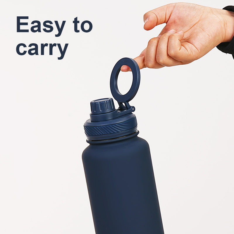 White 1L Stainless Steel Water Bottle with Magnetic Phone Holder Lid - Portable Hydration & Hands-Free Stand