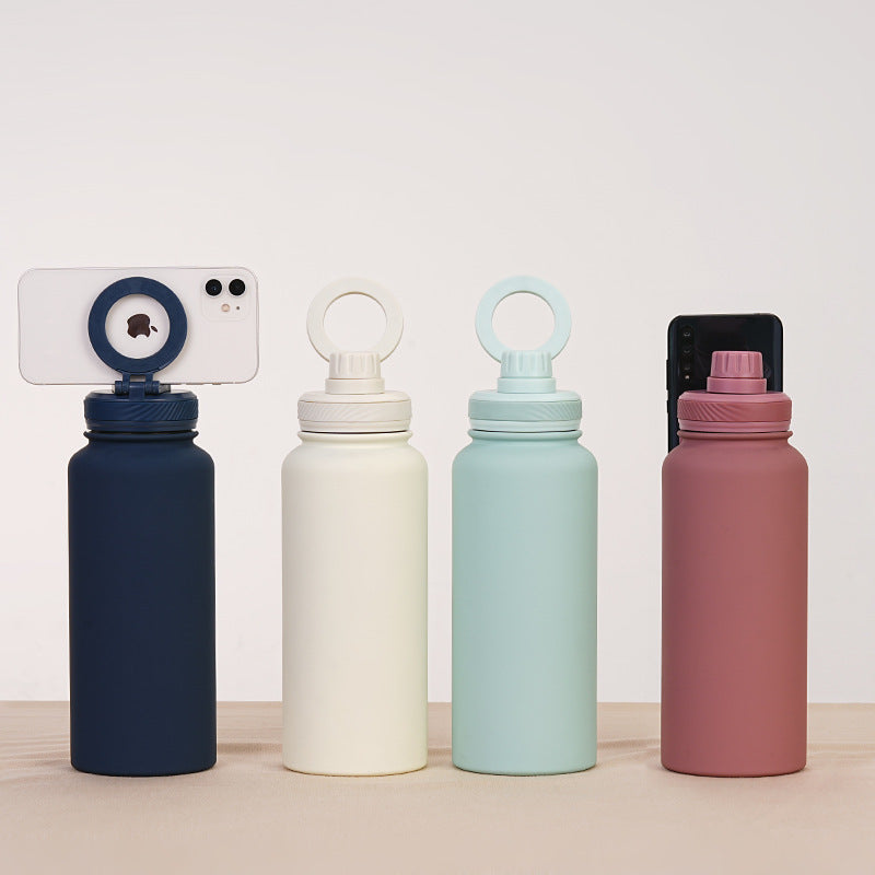 White 1L Stainless Steel Water Bottle with Magnetic Phone Holder Lid - Portable Hydration & Hands-Free Stand