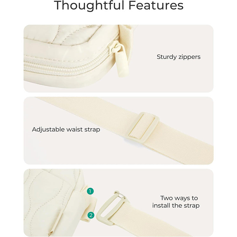 Beige Stylish Quilted Belt Bag - Lightweight Nylon Crossbody Fanny Pack