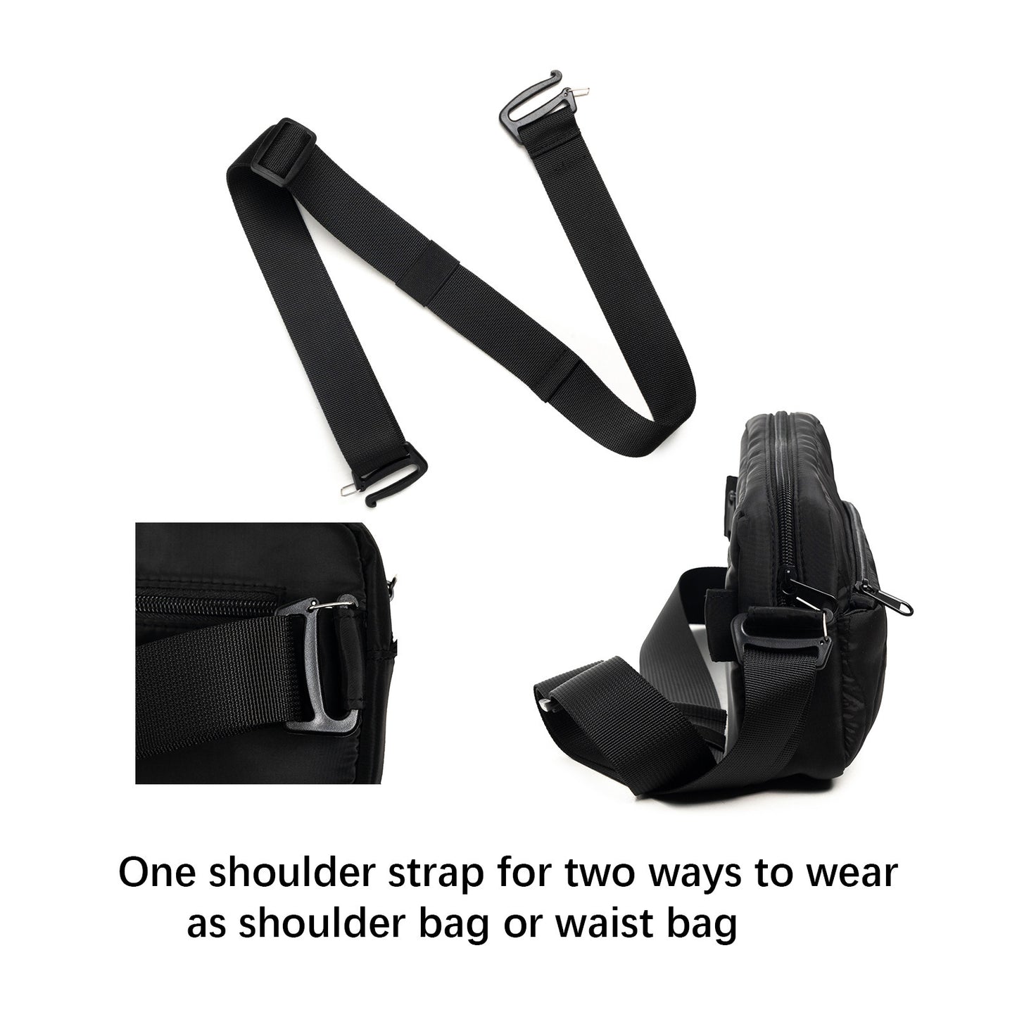 Black Stylish Quilted Belt Bag - Lightweight Nylon Crossbody Fanny Pack