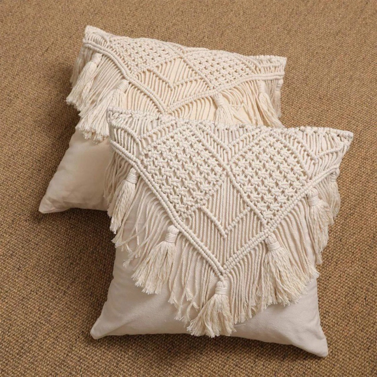 Black Boho Chic Macrame Cushion Cover - Handmade Woven Cotton Linen Pillow Case with Tassels - Decorative Throw Pillow Sham 45x45cm (Cover Only)