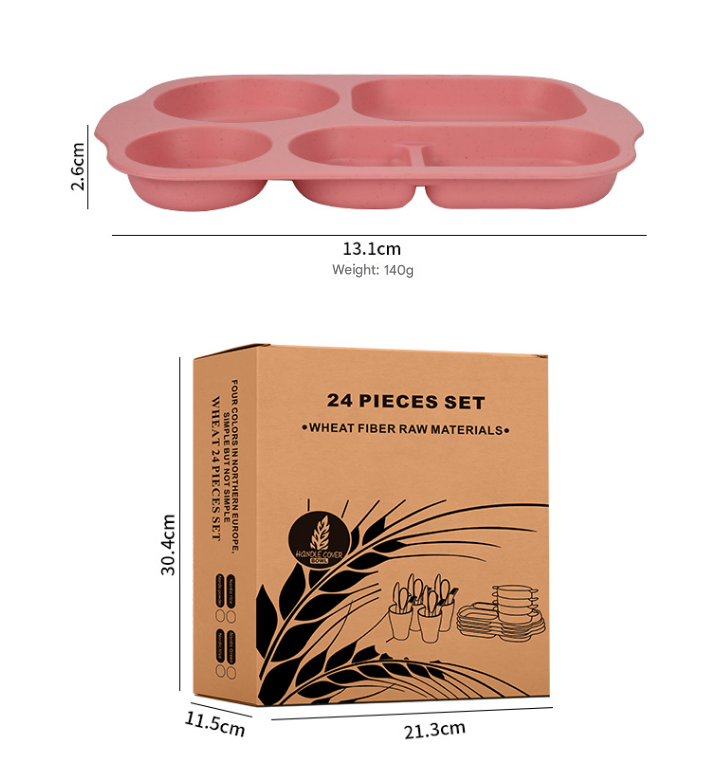 Macaron 4 Colours Durable Eco-Friendly Wheat Straw Dinnerware Set - 24 Pieces with Plates, Bowls, Cups & Cutlery