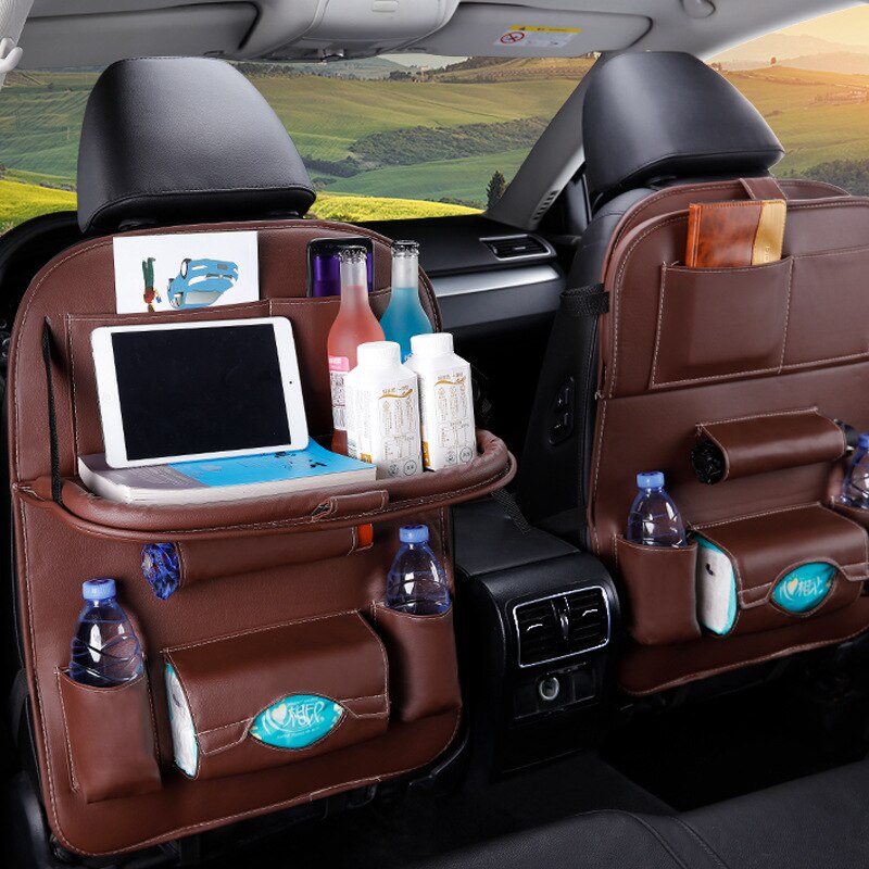 PU Leather Foldable Car Seat Organizer with Table Tray and Pockets - The Grand Bazaar of Australia