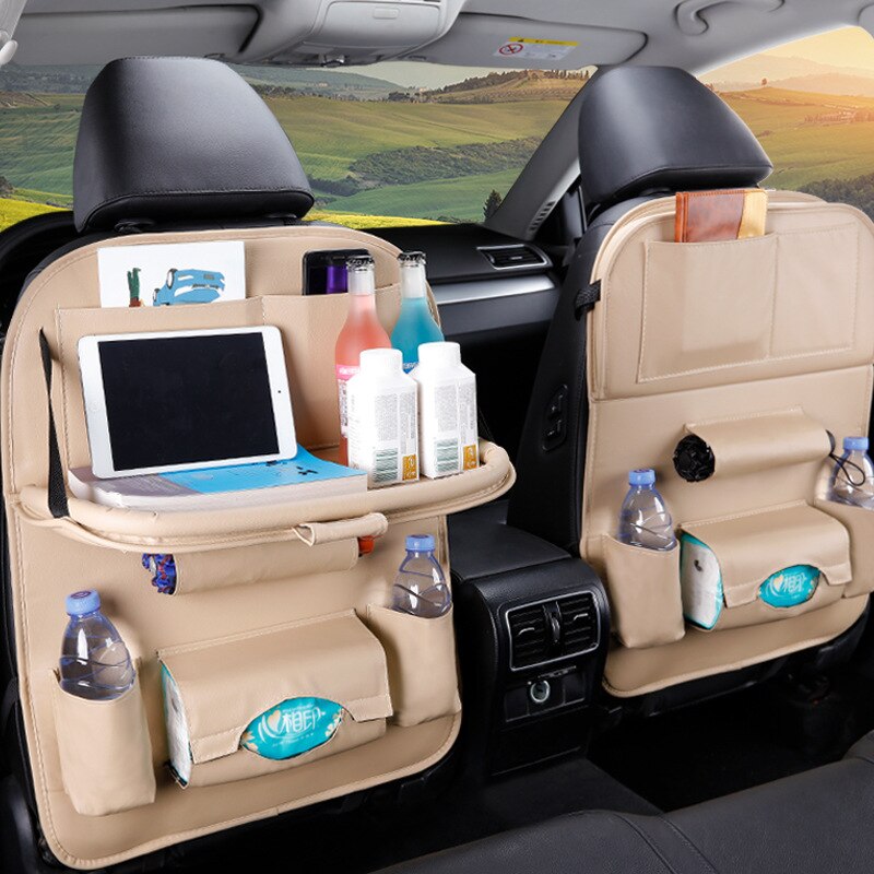 PU Leather Foldable Car Seat Organizer with Table Tray and Pockets - The Grand Bazaar of Australia