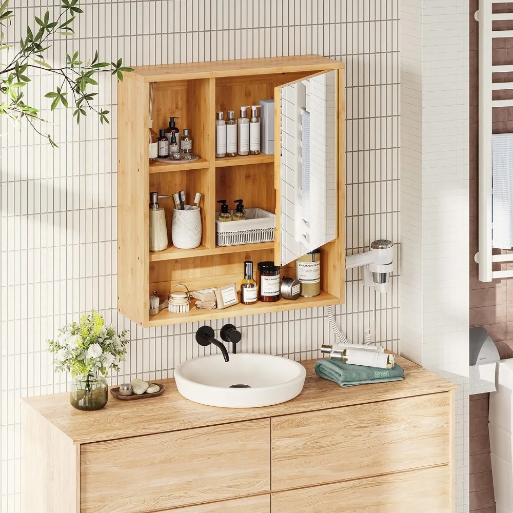 Natural Bamboo Bathroom Vanity Mirror Cabinet Wall Mounted Cupboard - The Grand Bazaar of Australia