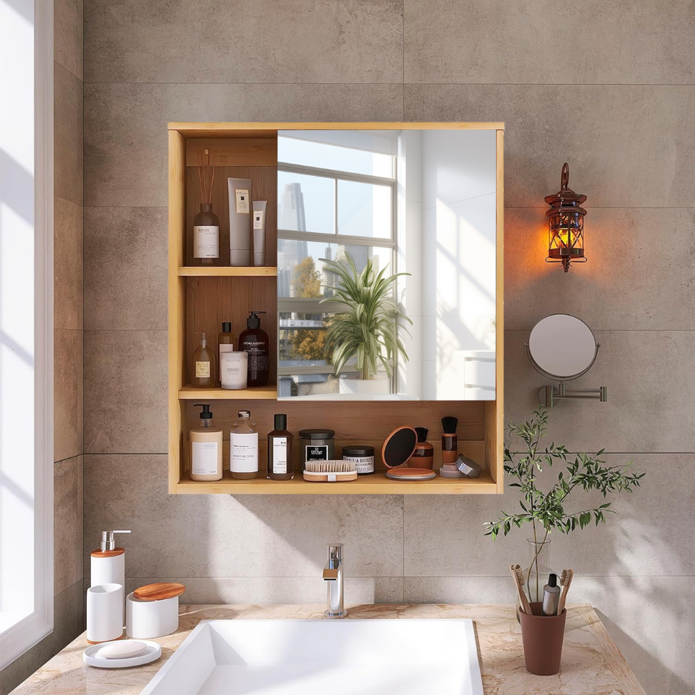 Natural Bamboo Bathroom Vanity Mirror Cabinet Wall Mounted Cupboard - The Grand Bazaar of Australia
