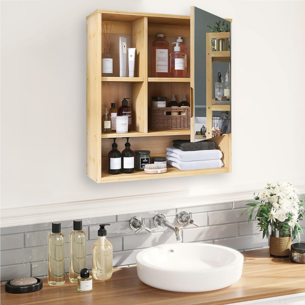 Natural Bamboo Bathroom Vanity Mirror Cabinet Wall Mounted Cupboard - The Grand Bazaar of Australia