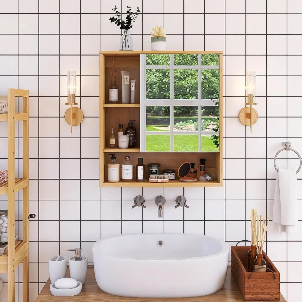 Natural Bamboo Bathroom Vanity Mirror Cabinet Wall Mounted Cupboard - The Grand Bazaar of Australia