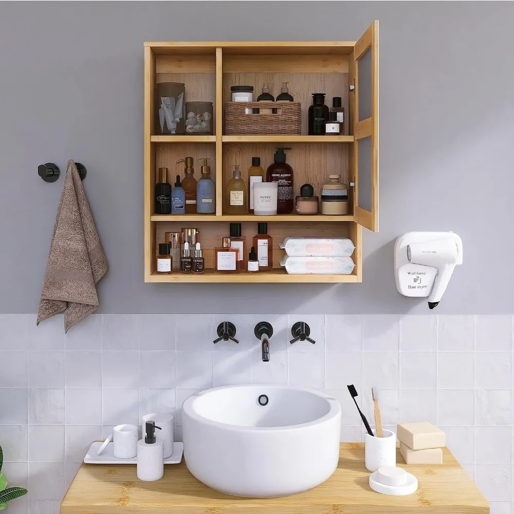 Natural Bamboo Bathroom Vanity Mirror Cabinet Wall Mounted Cupboard - The Grand Bazaar of Australia