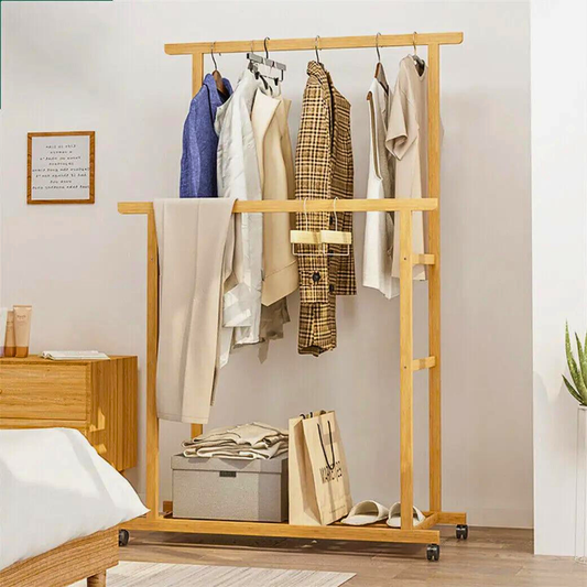 Free Standing Bamboo Double Hanging Clothes Organizer on Wheels - The Grand Bazaar of Australia