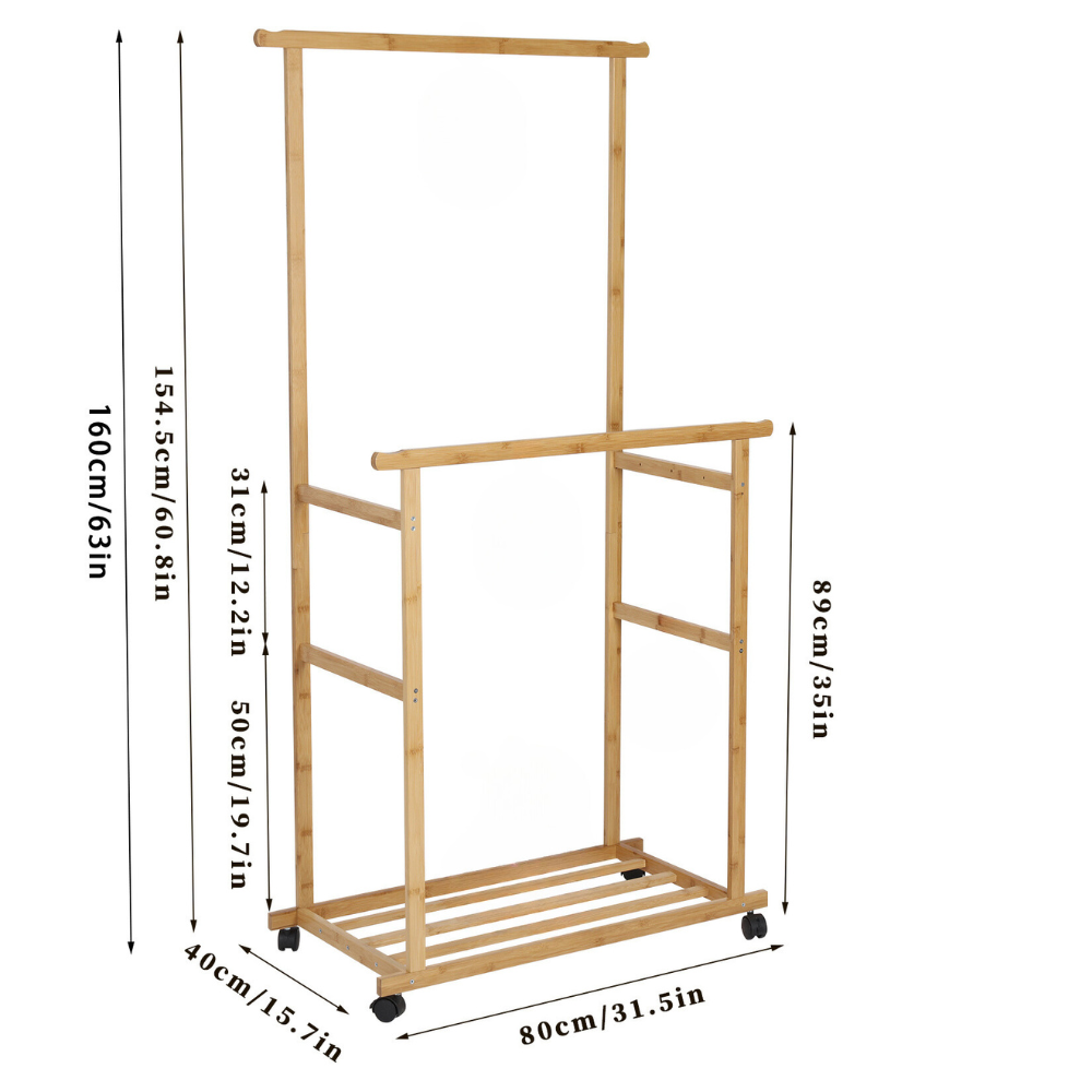 Free Standing Bamboo Double Hanging Clothes Organizer on Wheels - The Grand Bazaar of Australia