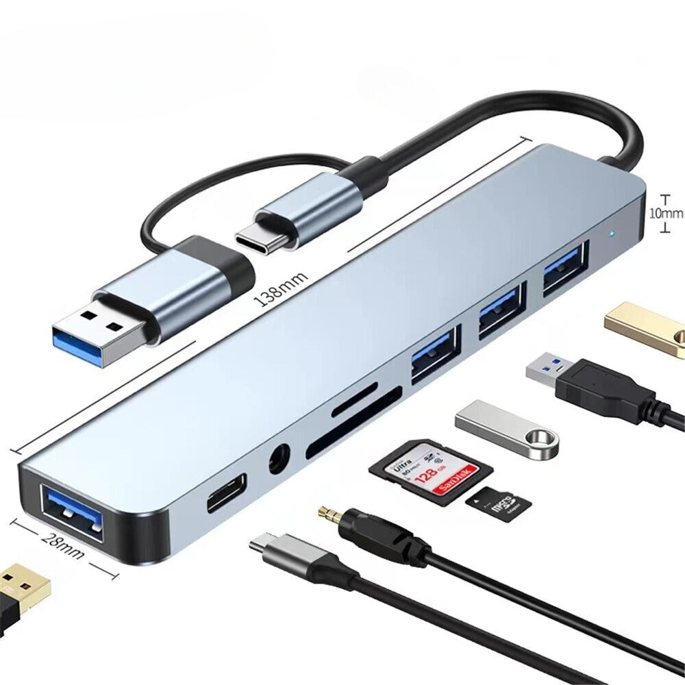 8 In 2 USB HUB With Splitter Card Reader, USB C Port, USB Splitter Card Reader, Docking Station - The Grand Bazaar of Australia