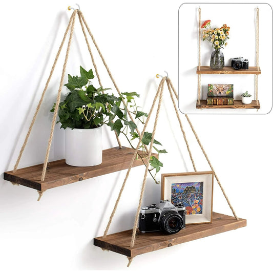 Wooden Swing Hanging Hemp Rope Wall Shelve Mounted Floating Plant Flower Pot - The Grand Bazaar of Australia