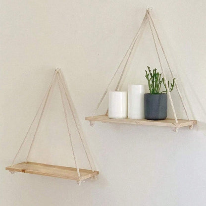 Wooden Swing Hanging Hemp Rope Wall Shelve Mounted Floating Plant Flower Pot - The Grand Bazaar of Australia