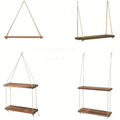Wooden Swing Hanging Hemp Rope Wall Shelve Mounted Floating Plant Flower Pot - The Grand Bazaar of Australia