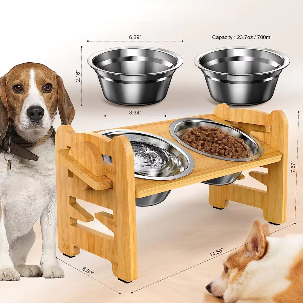 Adjustable Bamboo Elevated Dog Bowls with Stainless Steel Food Bowls - The Grand Bazaar of Australia