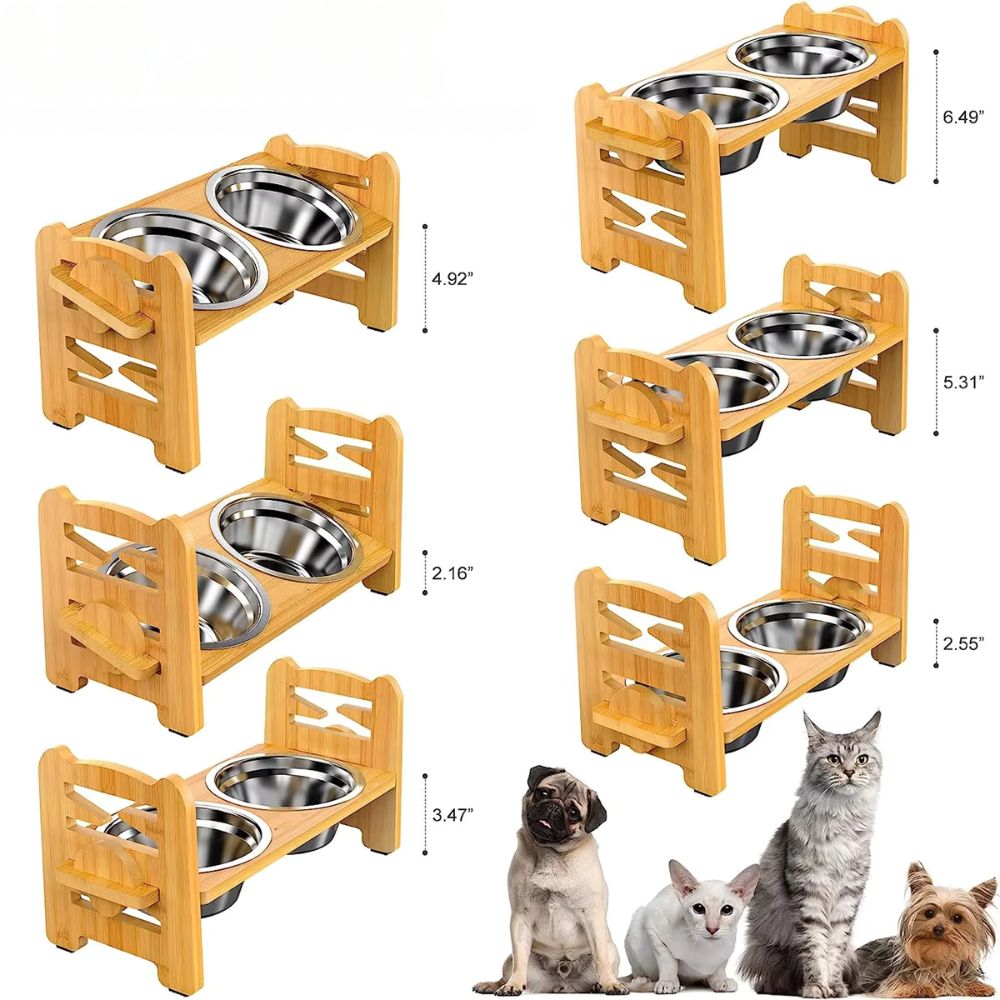 Adjustable Bamboo Elevated Dog Bowls with Stainless Steel Food Bowls - The Grand Bazaar of Australia