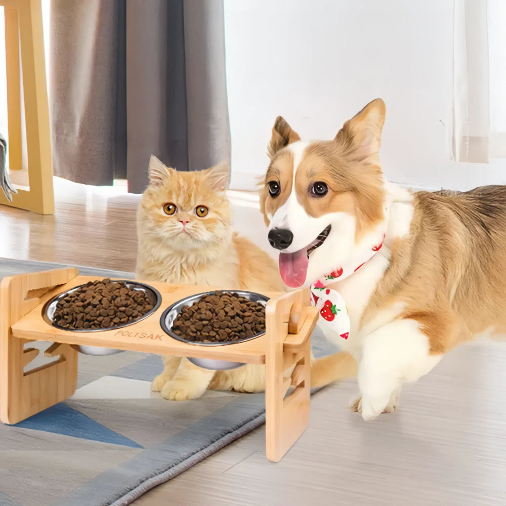 Adjustable Bamboo Elevated Dog Bowls with Stainless Steel Food Bowls - The Grand Bazaar of Australia