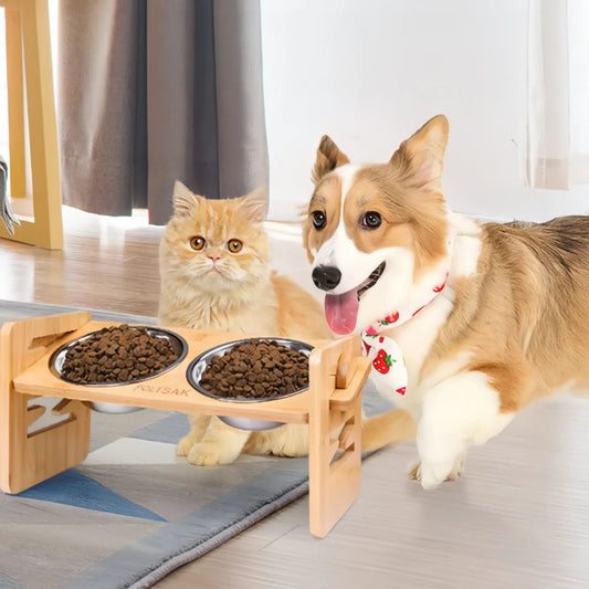 Adjustable Bamboo Elevated Dog Bowls with Stainless Steel Food Bowls - The Grand Bazaar of Australia
