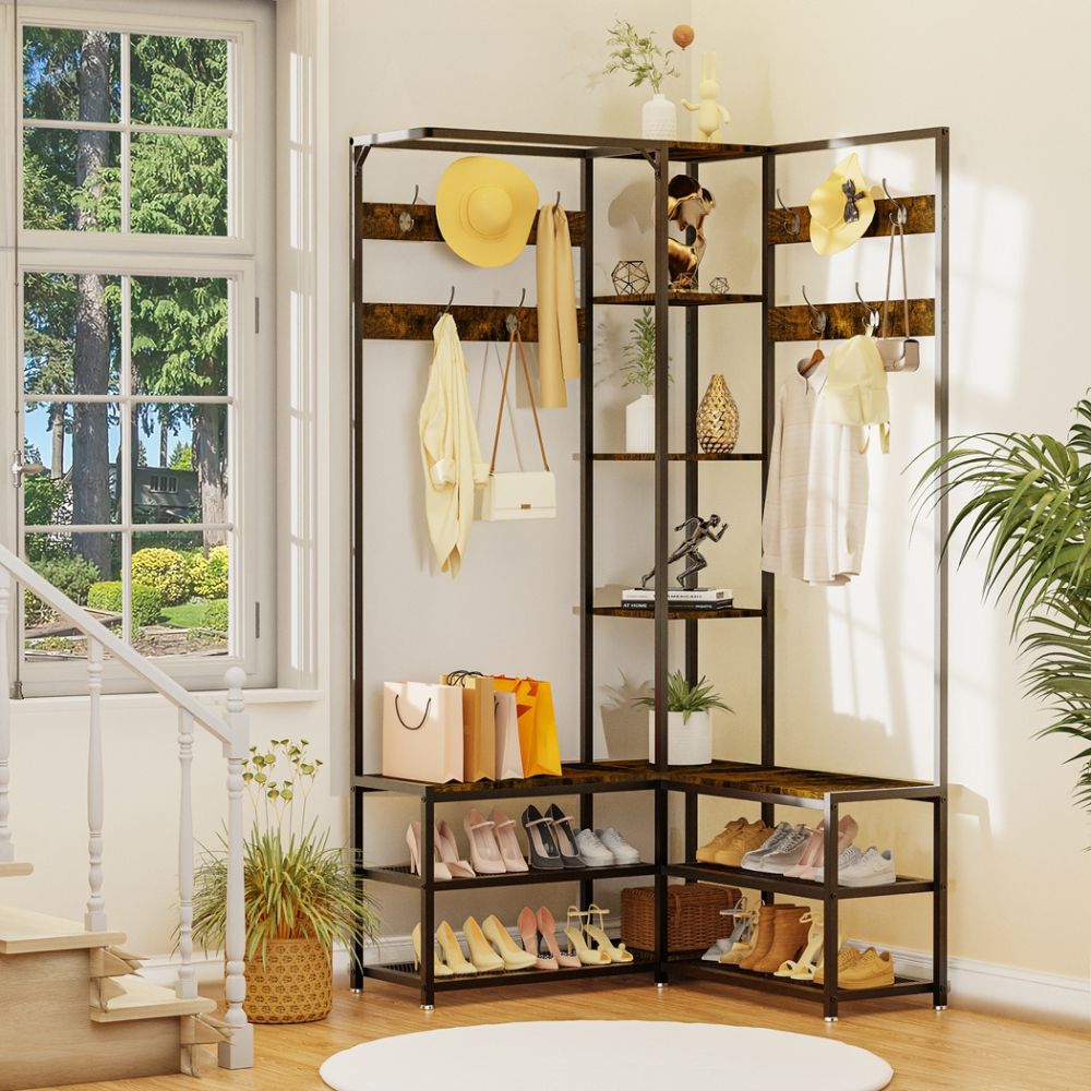 Free-Standing Corner Hall Tree with Storage Metal Coat and Hat Rack with Shoe Organizer - The Grand Bazaar of Australia