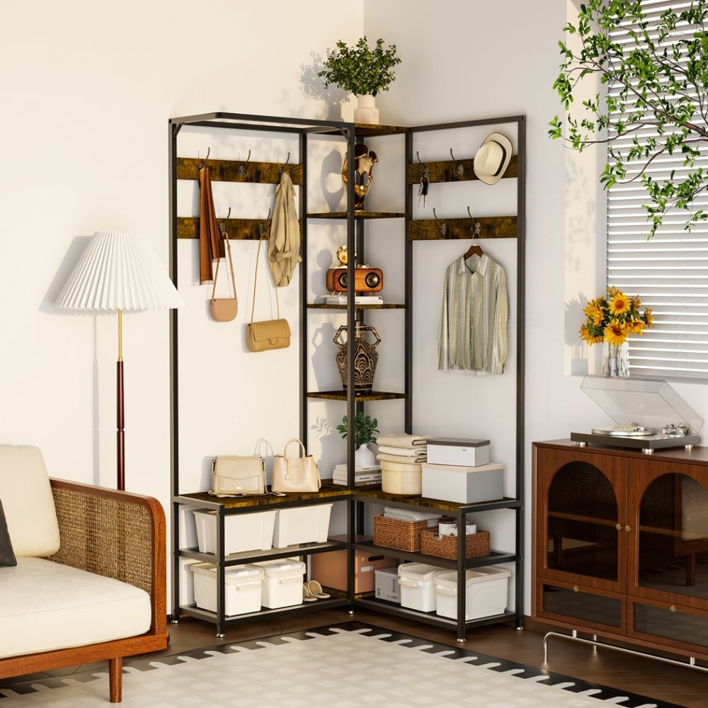 Free-Standing Corner Hall Tree with Storage Metal Coat and Hat Rack with Shoe Organizer - The Grand Bazaar of Australia
