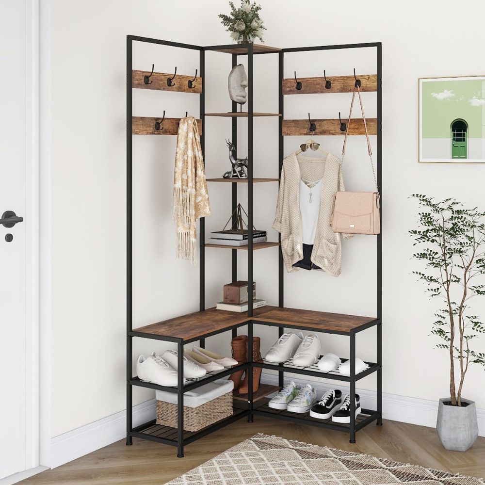 Free-Standing Corner Hall Tree with Storage Metal Coat and Hat Rack with Shoe Organizer - The Grand Bazaar of Australia