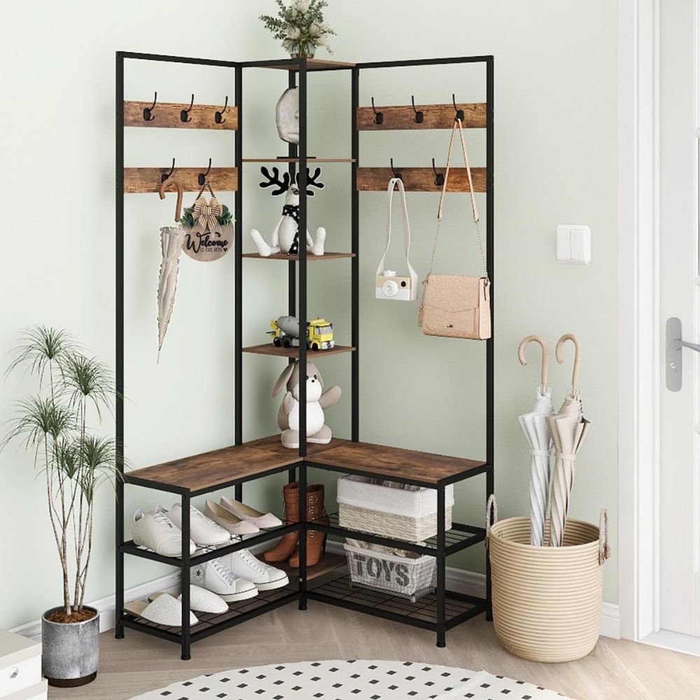 Free-Standing Corner Hall Tree with Storage Metal Coat and Hat Rack with Shoe Organizer - The Grand Bazaar of Australia