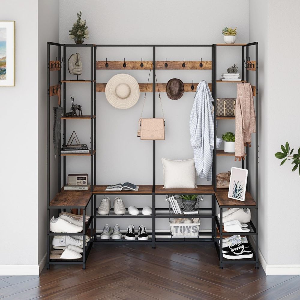 Free-Standing Corner Hall Tree with Storage Metal Coat and Hat Rack with Shoe Organizer - The Grand Bazaar of Australia