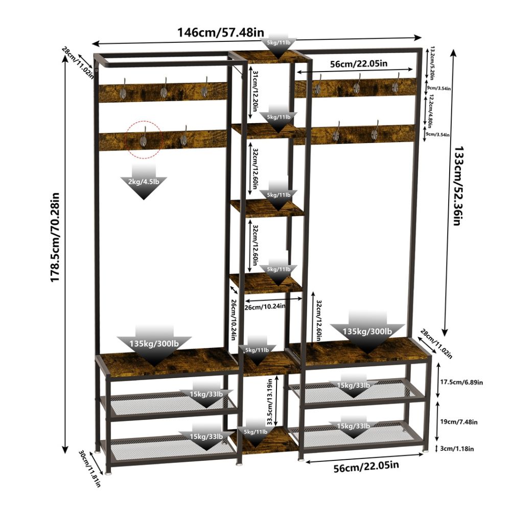 Free-Standing Corner Hall Tree with Storage Metal Coat and Hat Rack with Shoe Organizer - The Grand Bazaar of Australia