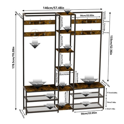 Free-Standing Corner Hall Tree with Storage Metal Coat and Hat Rack with Shoe Organizer - The Grand Bazaar of Australia