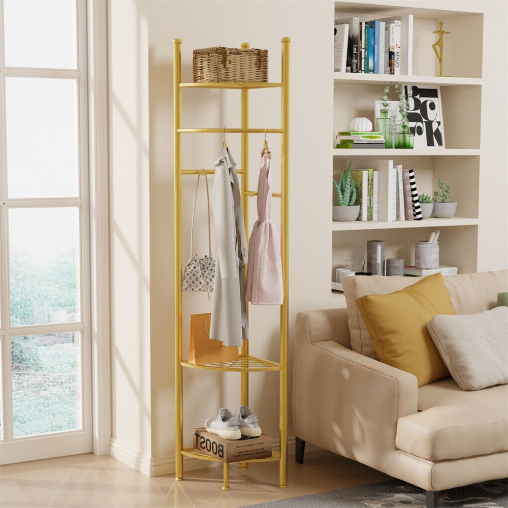 Standing Metal Corner Coat Stand Clothes Rack with Storage Shelf Garment Rack Hall Tree - The Grand Bazaar of Australia