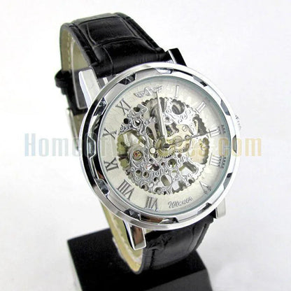 Winner Luxury Skeleton Mechanical Watch – Black Leather Strap, Gold Dial, Stainless Steel Case