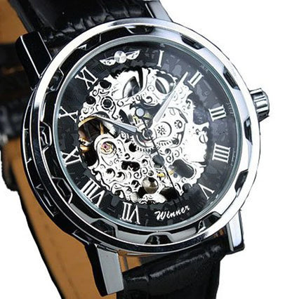 Winner Luxury Skeleton Mechanical Watch – Black Leather Strap, Gold Dial, Stainless Steel Case