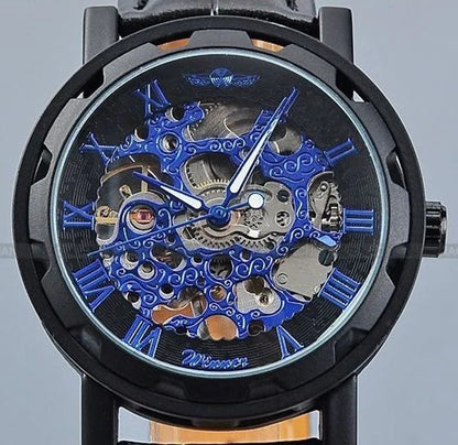 Winner Luxury Skeleton Mechanical Watch – Black Leather Strap, Gold Dial, Stainless Steel Case