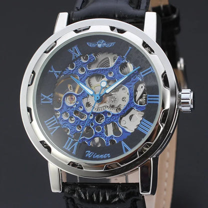 Winner Luxury Skeleton Mechanical Watch – Black Leather Strap, Gold Dial, Stainless Steel Case