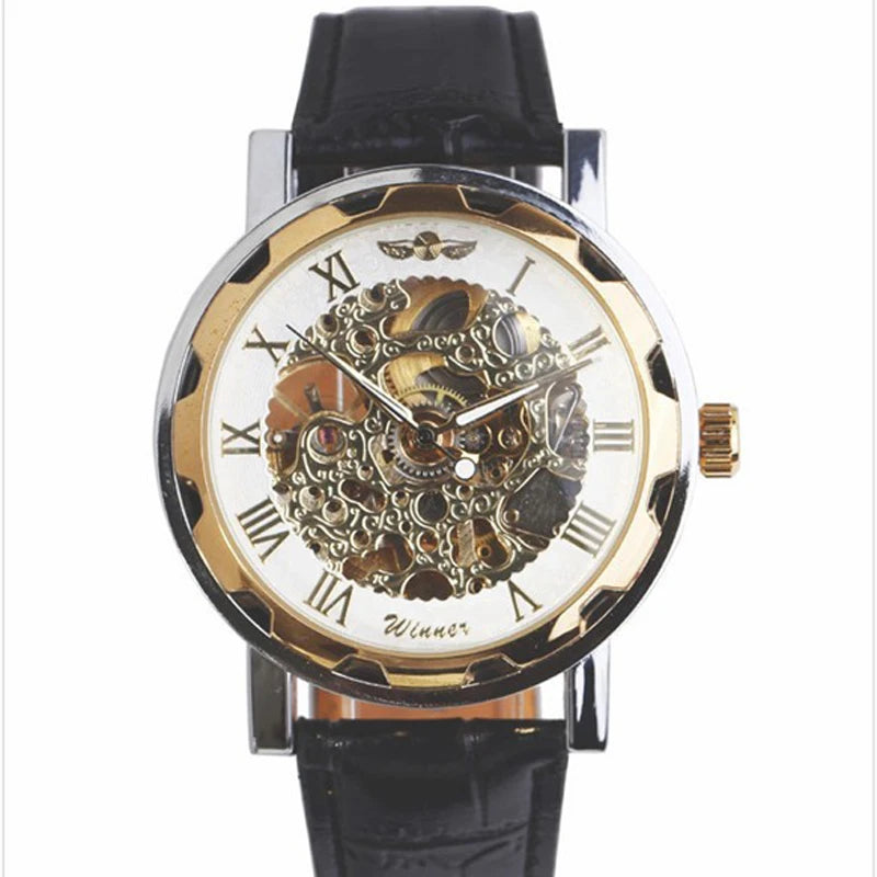 Winner Luxury Skeleton Mechanical Watch – Black Leather Strap, Gold Dial, Stainless Steel Case