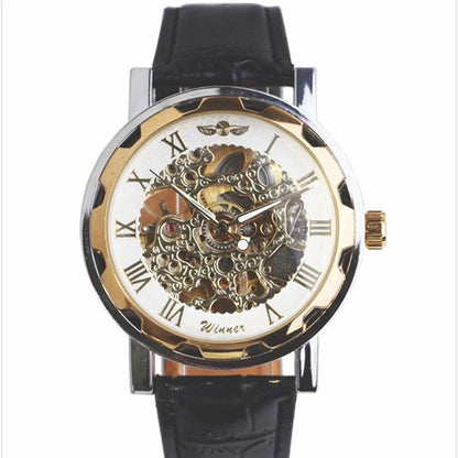 Winner Luxury Skeleton Mechanical Watch – Black Leather Strap, Gold Dial, Stainless Steel Case
