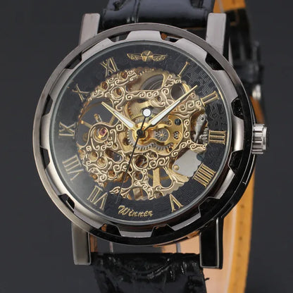 Winner Luxury Skeleton Mechanical Watch – Black Leather Strap, Gold Dial, Stainless Steel Case