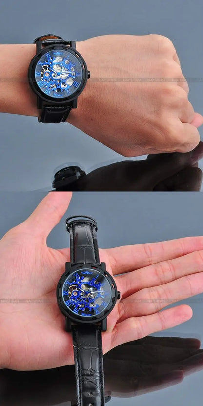 Winner Luxury Skeleton Mechanical Watch – Black Leather Strap, Gold Dial, Stainless Steel Case