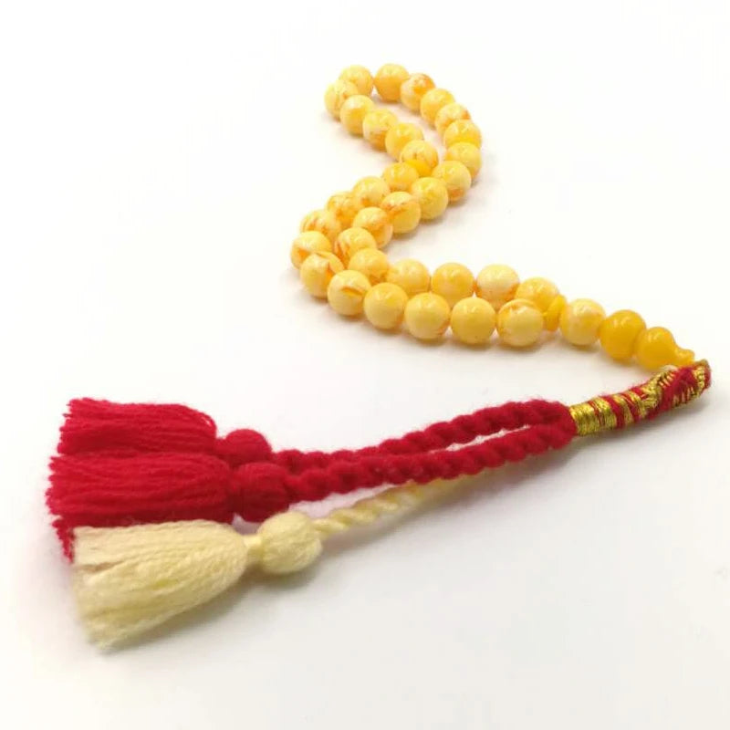 Royal Elegance: Yellow Resin Tasbih Bracelet with Handmade Turkish Tassels – 33 Beads Islamic Prayer Misbaha