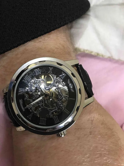 Winner Luxury Skeleton Mechanical Watch – Black Leather Strap, Gold Dial, Stainless Steel Case